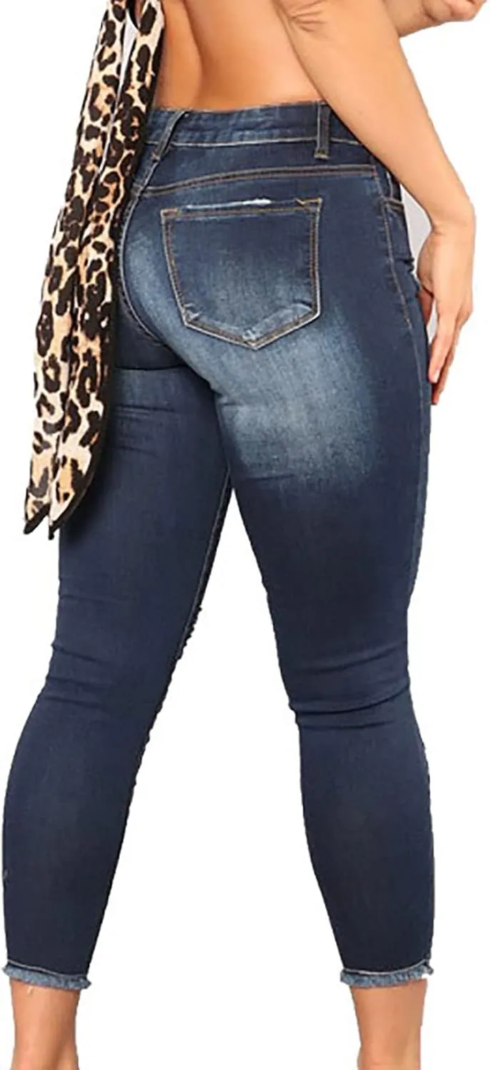 Women Trendy Skinny Denim Pants Casual Ripped Frayed Jeans Slim Fit High Waist Tight Denim Pencil Pant Slacks
