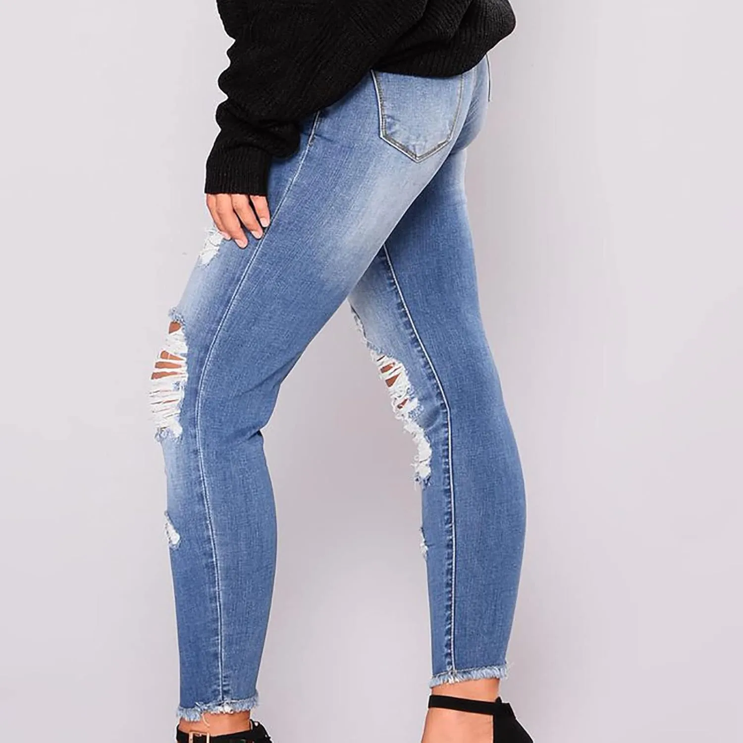 Women Trendy Skinny Denim Pants Casual Ripped Frayed Jeans Slim Fit High Waist Tight Denim Pencil Pant Slacks