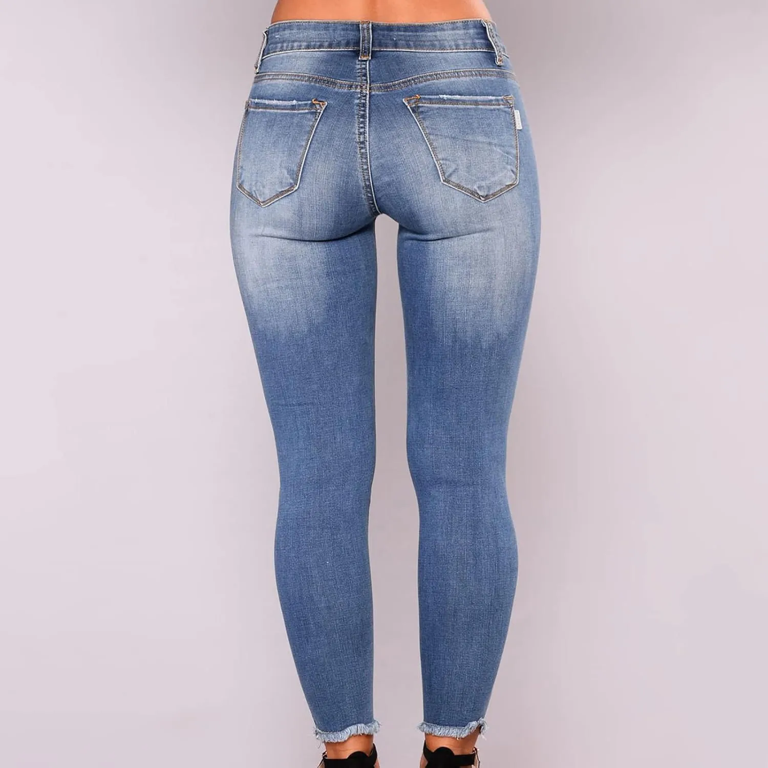 Women Trendy Skinny Denim Pants Casual Ripped Frayed Jeans Slim Fit High Waist Tight Denim Pencil Pant Slacks