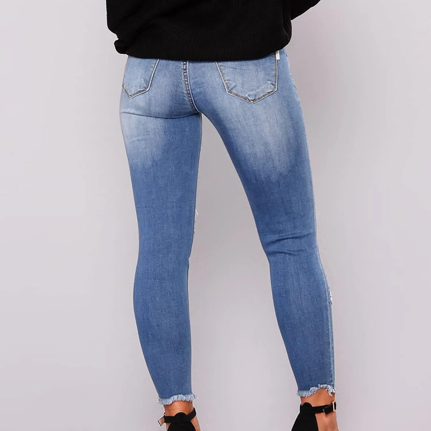 Women Trendy Skinny Denim Pants Casual Ripped Frayed Jeans Slim Fit High Waist Tight Denim Pencil Pant Slacks