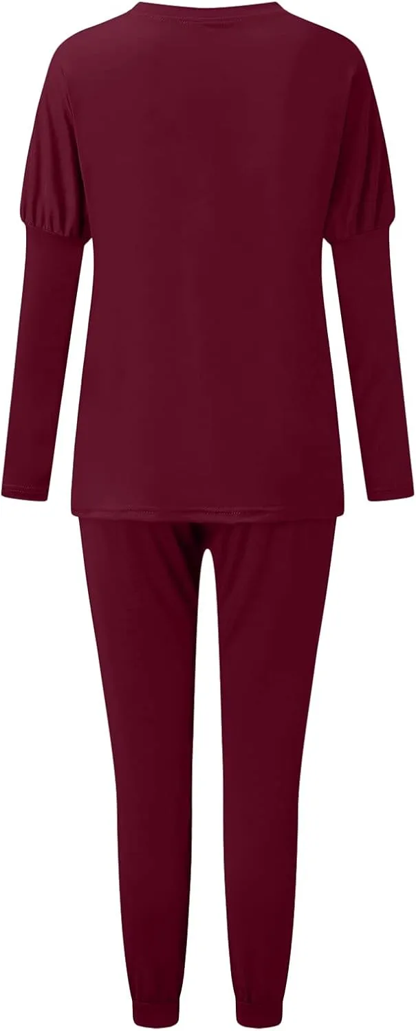 Women's 2 Piece Outfits Women's Pants Sets Two Long Casual Blouse Sleeve Pajamas Long Women V Neck Long Sleeve