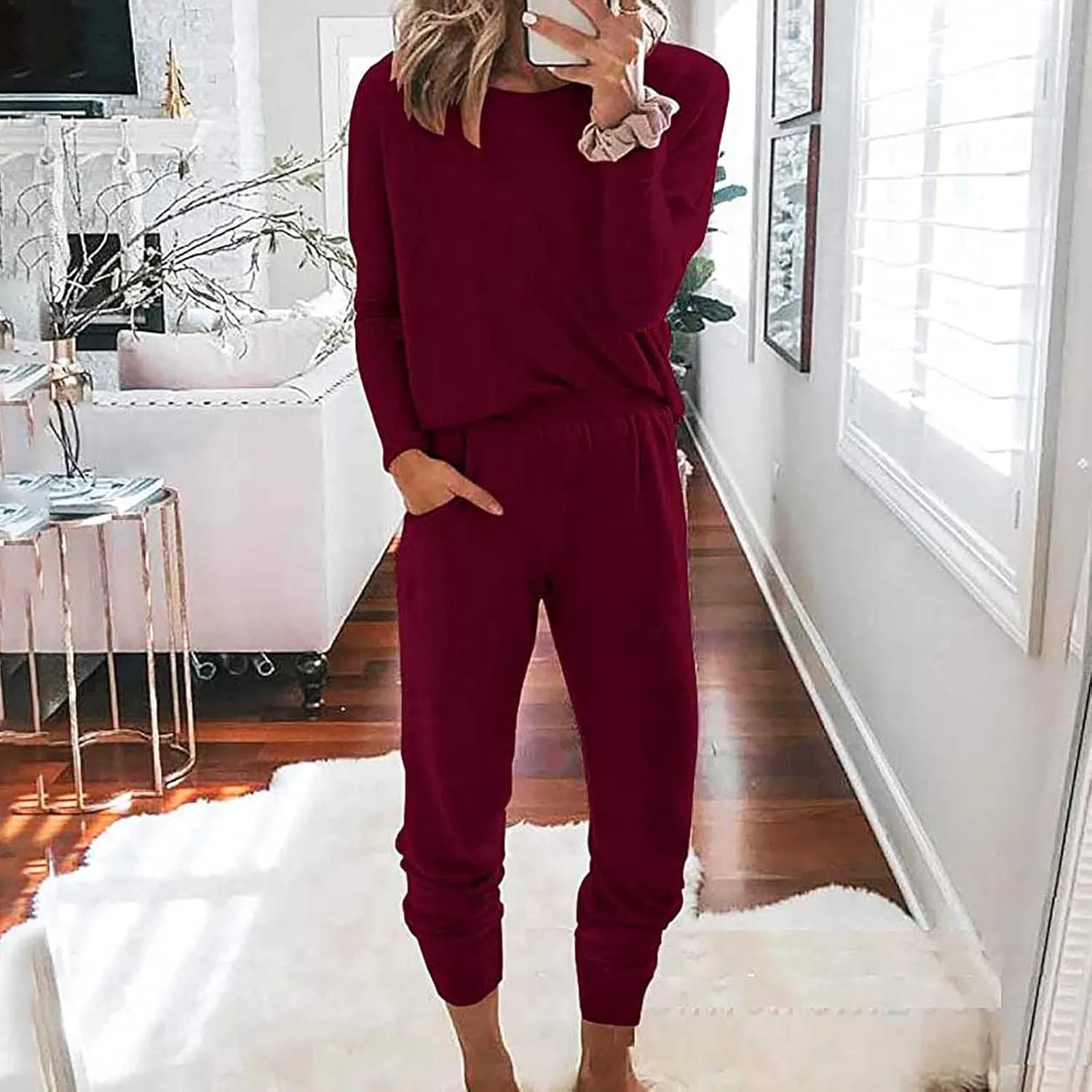 Women's 2 Piece Outfits Women's Pants Sets Two Long Casual Blouse Sleeve Pajamas Long Women V Neck Long Sleeve