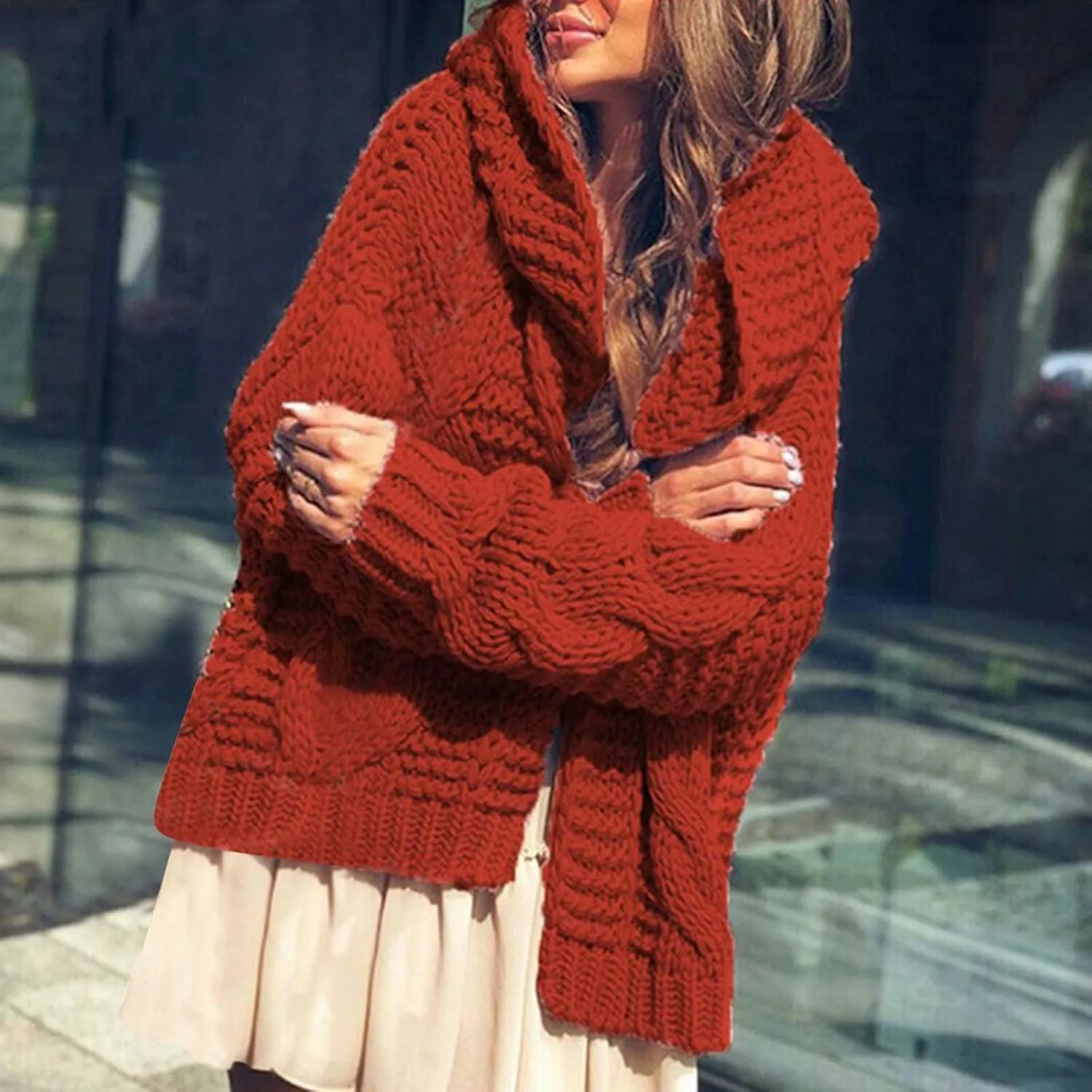 Womens 2024 Fall Winter Clothes Open Front Chunky Knit Hoodies Sweater Loose Long Sleeve Cardigan Casual Outwear Coat