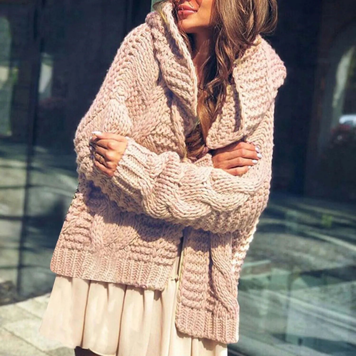 Womens 2024 Fall Winter Clothes Open Front Chunky Knit Hoodies Sweater Loose Long Sleeve Cardigan Casual Outwear Coat