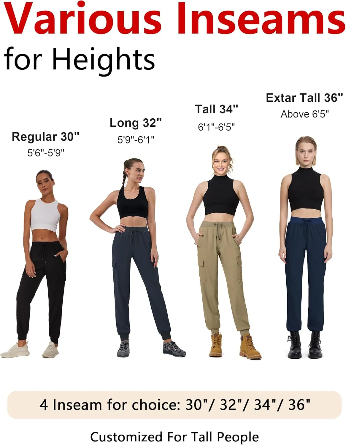 Women's 30"/32"/34"/36" Tall Inseam Cargo Joggers Lightweight Hiking Pants Quick Dry Athletic Workout Outdoor