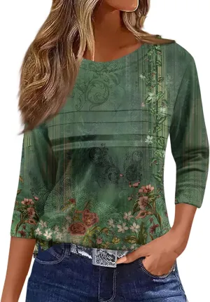 Womens 3/4 Length Sleeve Tops Casual Crewneck Pleated T-Shirts Loose Fit Fashion Tunic Tops