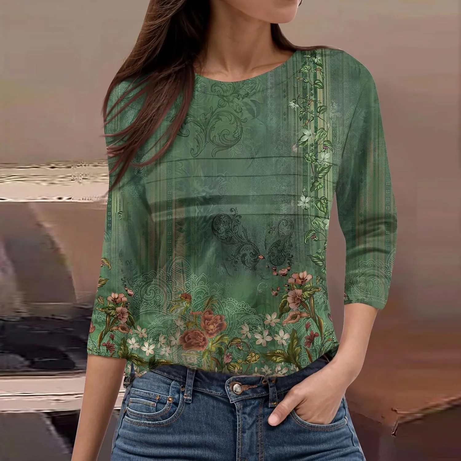 Womens 3/4 Length Sleeve Tops Casual Crewneck Pleated T-Shirts Loose Fit Fashion Tunic Tops