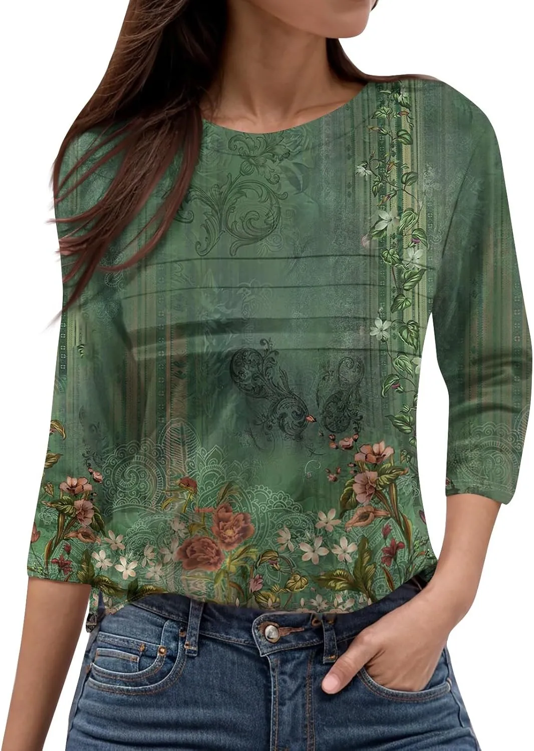 Womens 3/4 Length Sleeve Tops Casual Crewneck Pleated T-Shirts Loose Fit Fashion Tunic Tops