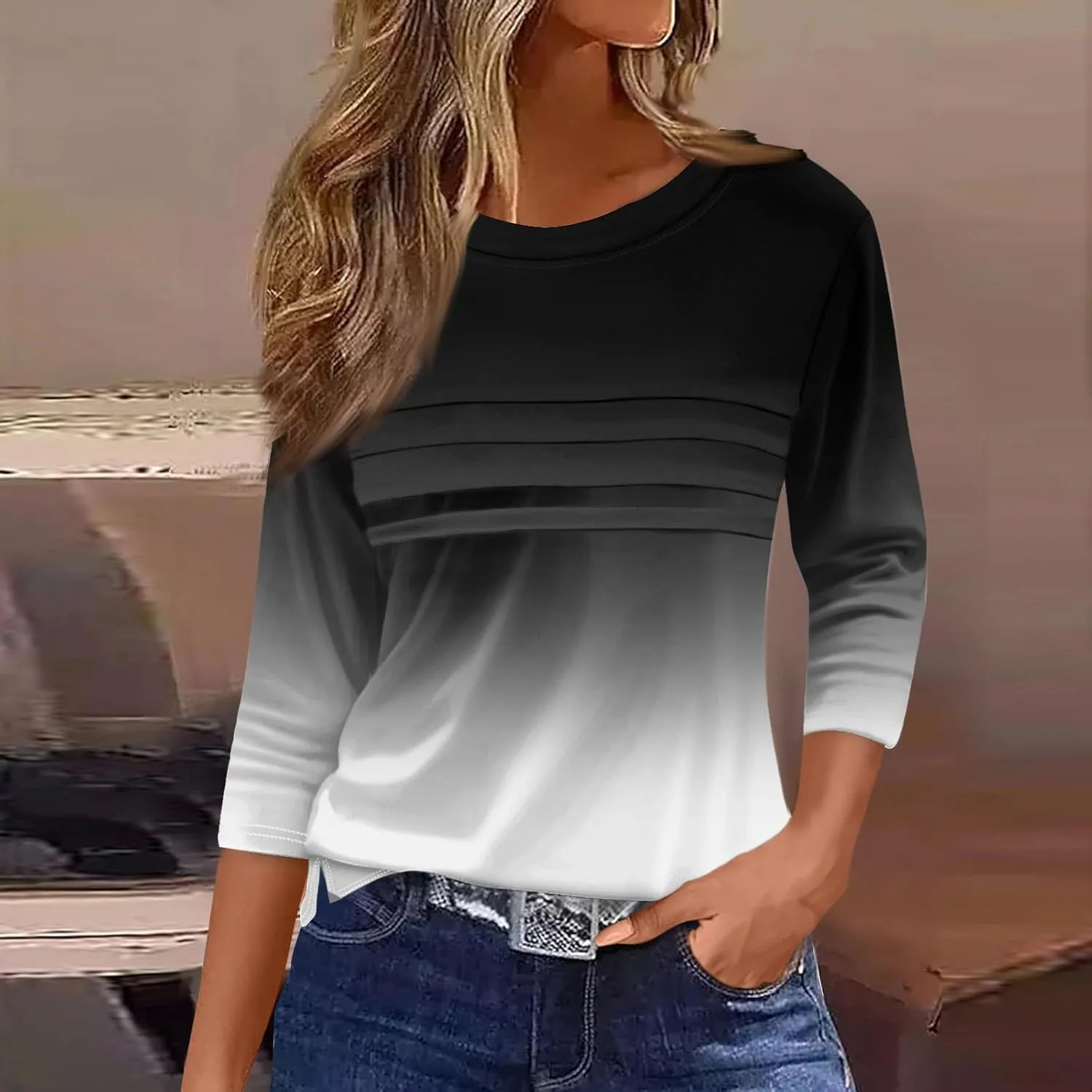 Womens 3/4 Length Sleeve Tops Casual Crewneck Pleated T-Shirts Loose Fit Fashion Tunic Tops