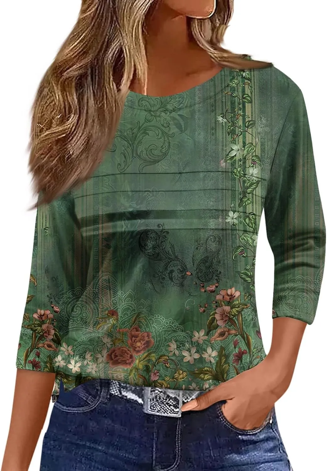 Womens 3/4 Length Sleeve Tops Casual Crewneck Pleated T-Shirts Loose Fit Fashion Tunic Tops