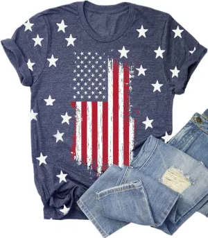 Womens American Flag Shirt 4th of July T-Shirt Patriotic Short Sleeve Tee USA Flag Stripe Star Summer Blouse Tops