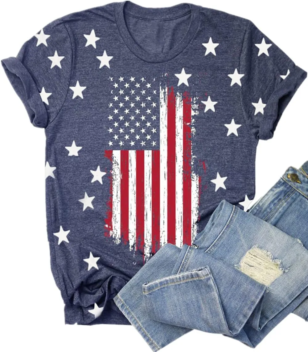 Womens American Flag Shirt 4th of July T-Shirt Patriotic Short Sleeve Tee USA Flag Stripe Star Summer Blouse Tops