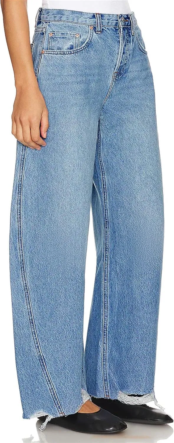 Women's Baggy Wide Leg Cropped Jeans High Waisted Boyfriend Barrel Jean Stretch Ankle Ripped Horseshoes Denim Pants