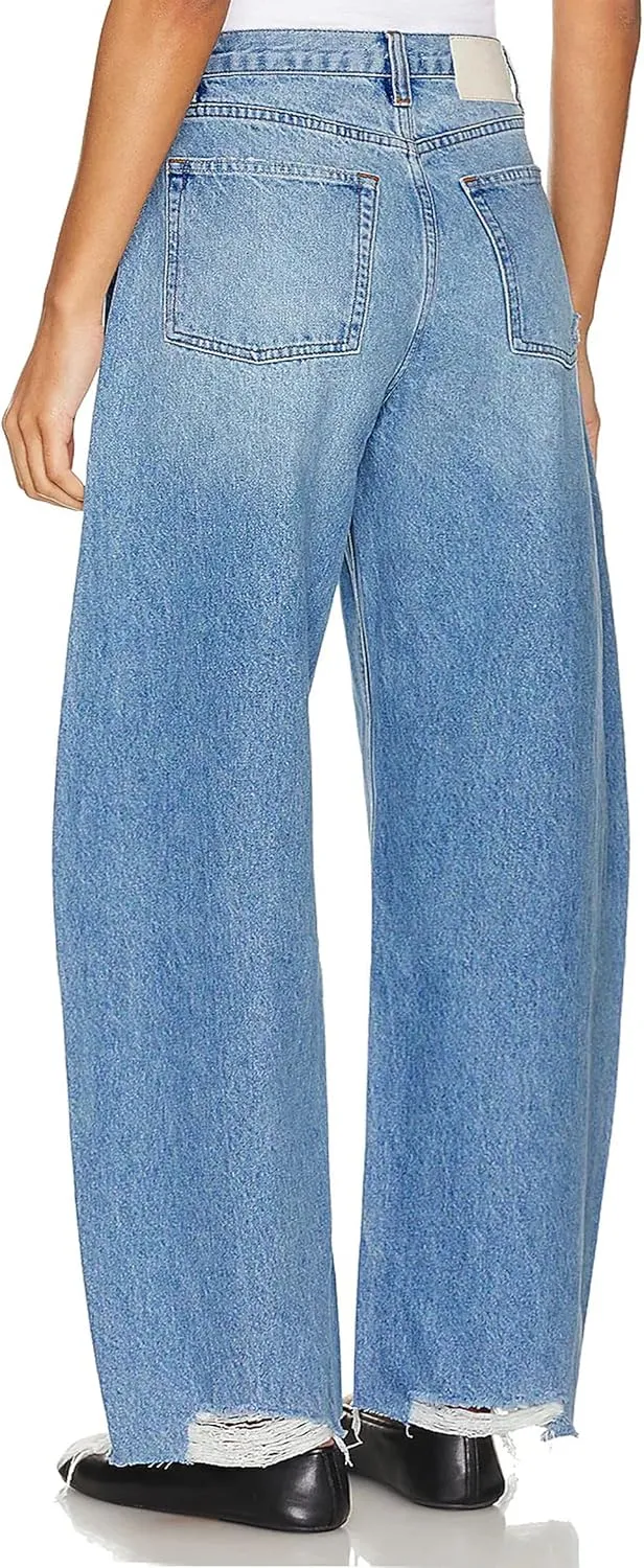 Women's Baggy Wide Leg Cropped Jeans High Waisted Boyfriend Barrel Jean Stretch Ankle Ripped Horseshoes Denim Pants