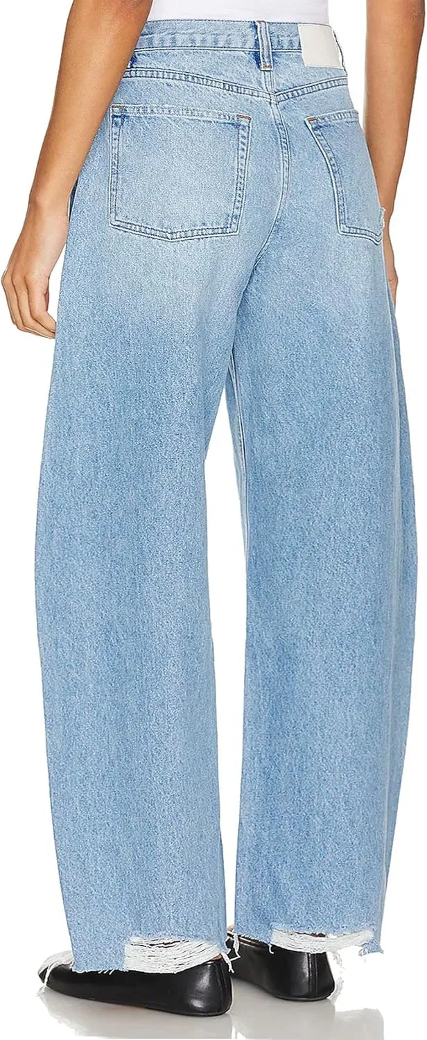 Women's Baggy Wide Leg Cropped Jeans High Waisted Boyfriend Barrel Jean Stretch Ankle Ripped Horseshoes Denim Pants