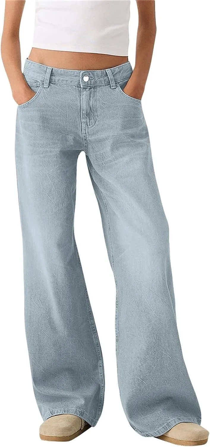 Womens Baggy Wide Leg Jeans High Waisted Boyfriend Loose Fit Bell Bottom Stretchy Denim Pants with Pockets