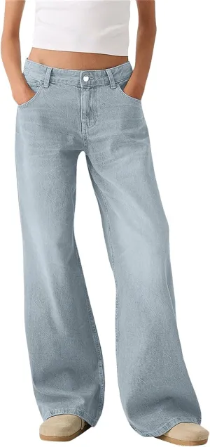 Womens Baggy Wide Leg Jeans High Waisted Boyfriend Loose Fit Bell Bottom Stretchy Denim Pants with Pockets