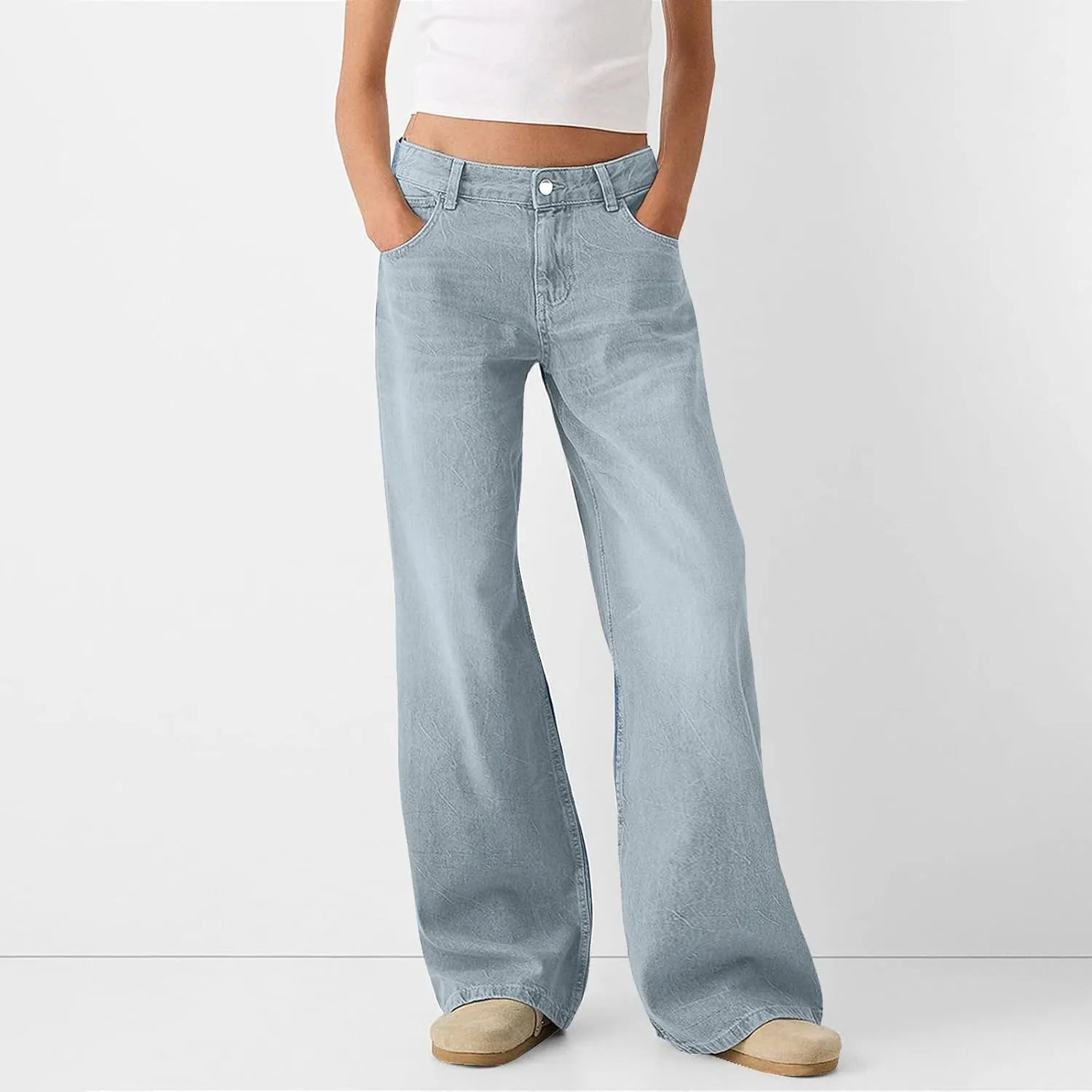 Womens Baggy Wide Leg Jeans High Waisted Boyfriend Loose Fit Bell Bottom Stretchy Denim Pants with Pockets