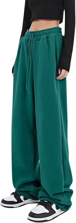 Women's Baggy Wide Leg Sweatpants Fleece Lined Joggers with Pockets Comfy Workout Elastic Waist Jogging Pants