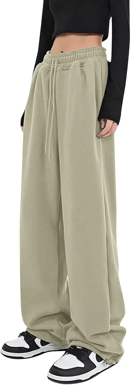 Women's Baggy Wide Leg Sweatpants Fleece Lined Joggers with Pockets Comfy Workout Elastic Waist Jogging Pants