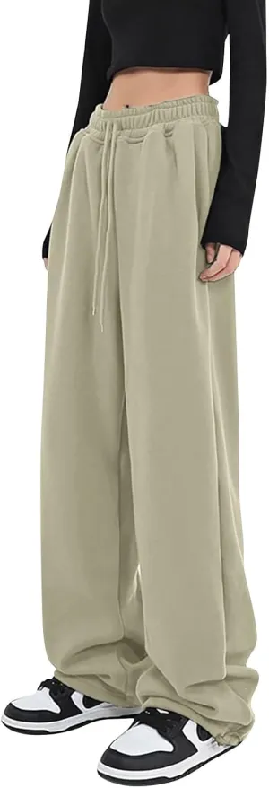 Women's Baggy Wide Leg Sweatpants Fleece Lined Joggers with Pockets Comfy Workout Elastic Waist Jogging Pants