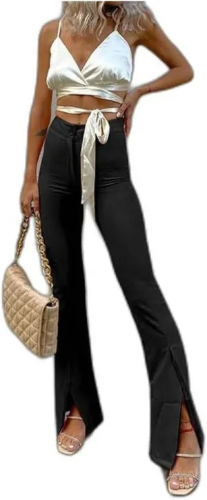 Womens Bell Bottoms Pants, Kick Pleat Temperament Split Personality Trousers, Fashion Solid Color Girls Flare Leggings
