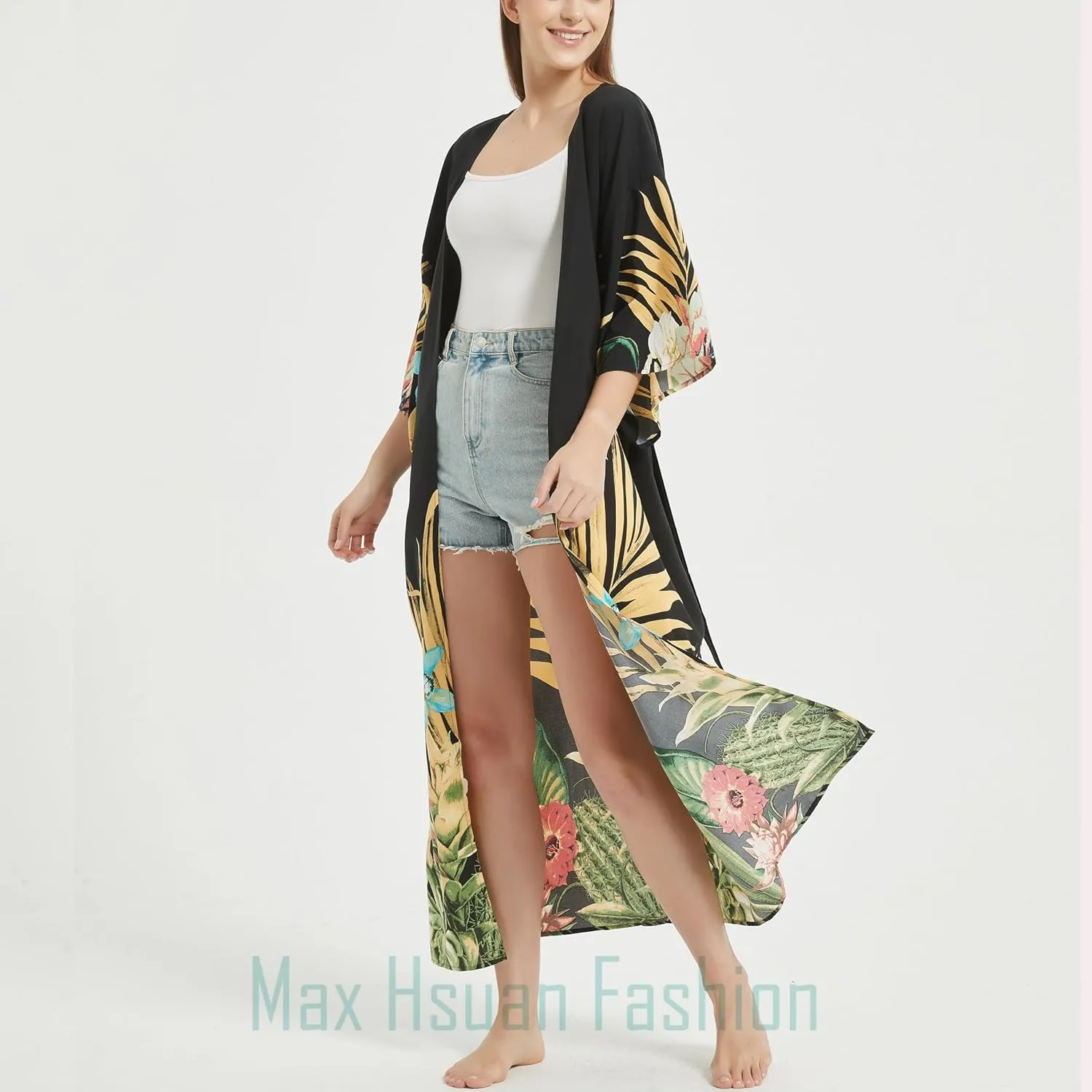 Women's Bohemian Floral Print Kimono Cardigan Summer Swimsuit Beach Cover Up Dresses
