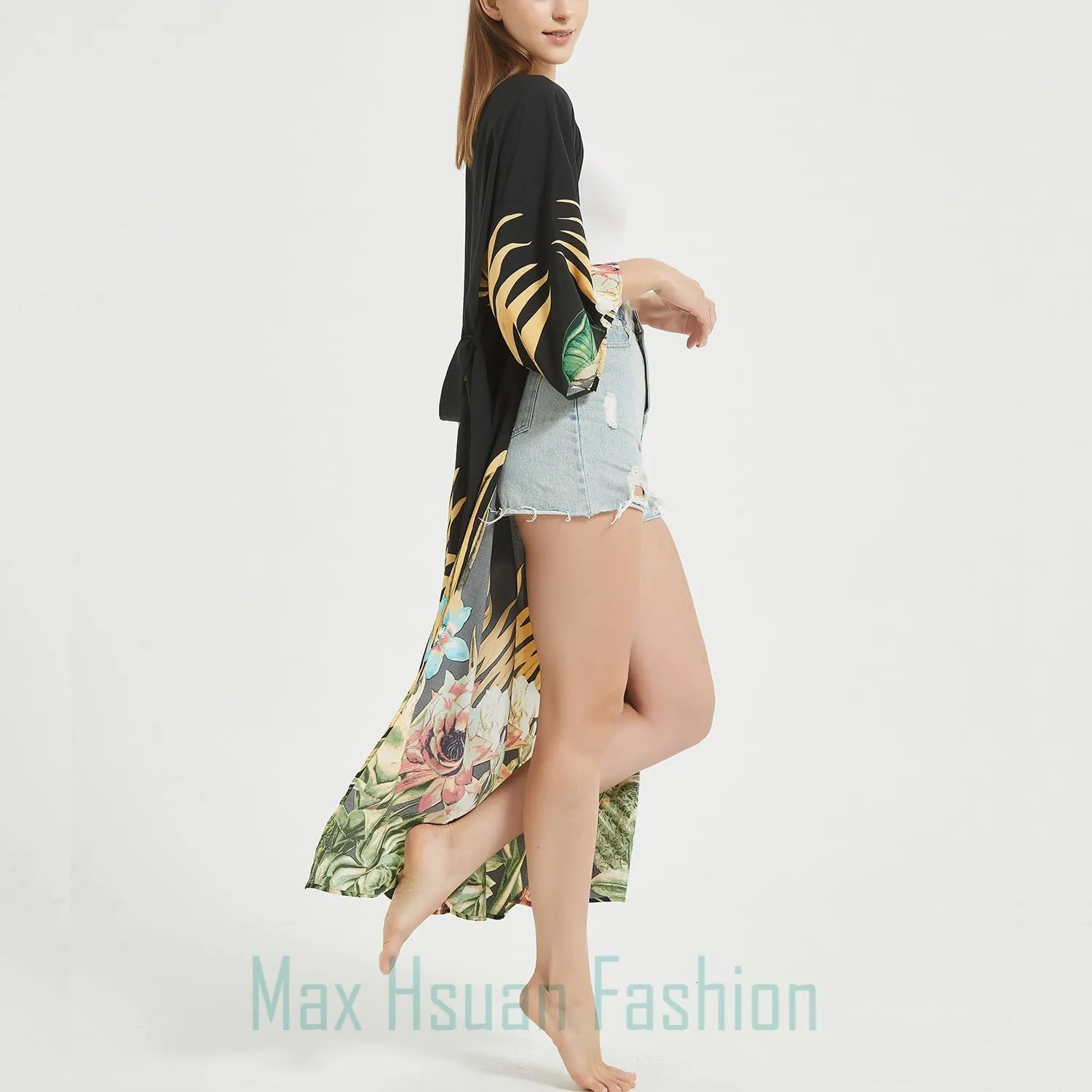 Women's Bohemian Floral Print Kimono Cardigan Summer Swimsuit Beach Cover Up Dresses