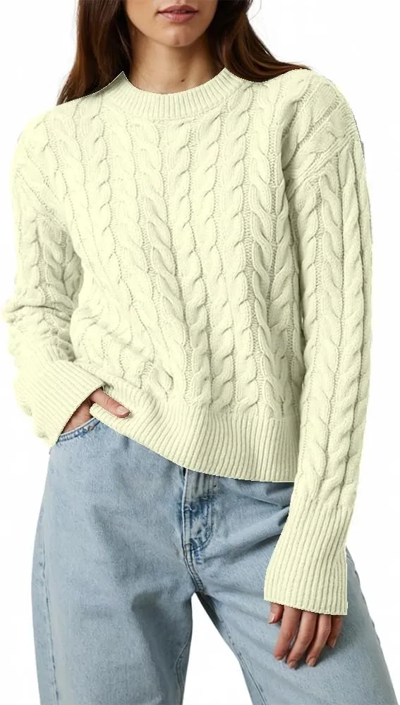 Women's Cable Long-Sleeve Crewneck Sweater Cable Knit Sweater for Women Soft-Touch Modern Crewneck, Pull On Sweaters