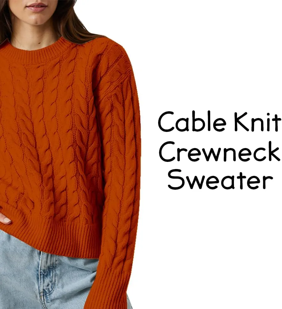 Women's Cable Long-Sleeve Crewneck Sweater Cable Knit Sweater for Women Soft-Touch Modern Crewneck, Pull On Sweaters