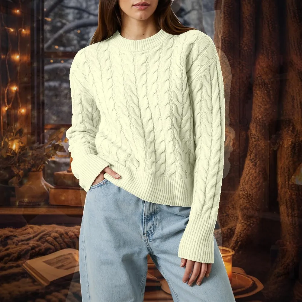Women's Cable Long-Sleeve Crewneck Sweater Cable Knit Sweater for Women Soft-Touch Modern Crewneck, Pull On Sweaters