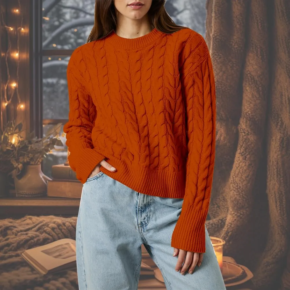 Women's Cable Long-Sleeve Crewneck Sweater Cable Knit Sweater for Women Soft-Touch Modern Crewneck, Pull On Sweaters