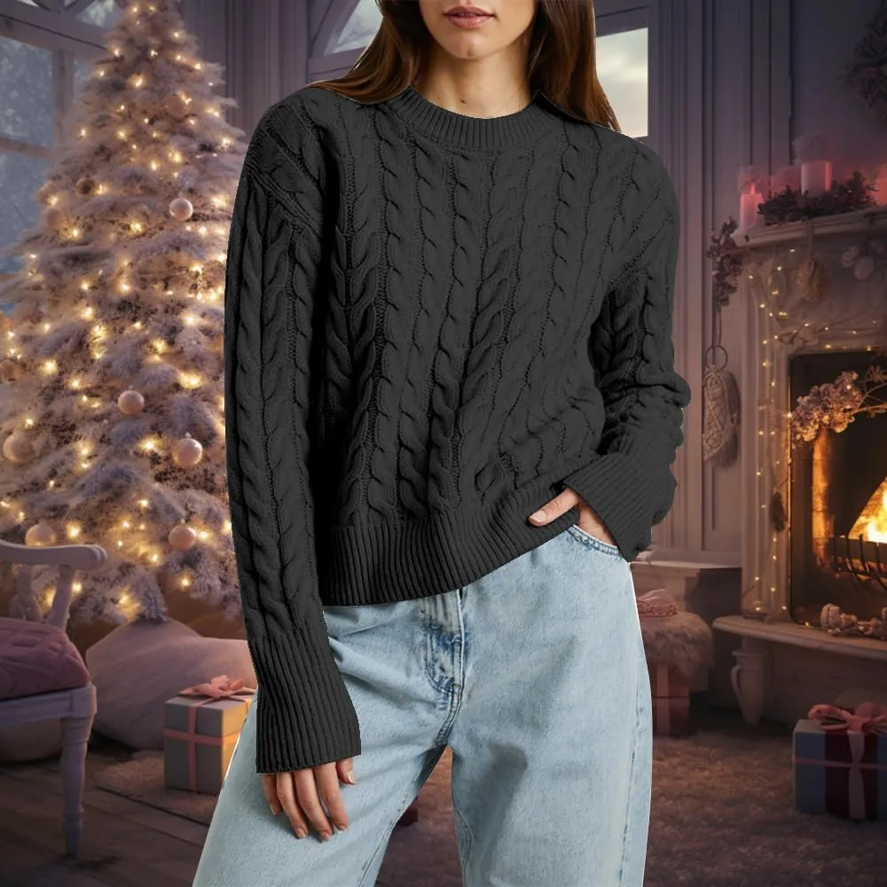 Women's Cable Long-Sleeve Crewneck Sweater Cable Knit Sweater for Women Soft-Touch Modern Crewneck, Pull On Sweaters