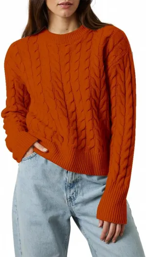 Women's Cable Long-Sleeve Crewneck Sweater Cable Knit Sweater for Women Soft-Touch Modern Crewneck, Pull On Sweaters