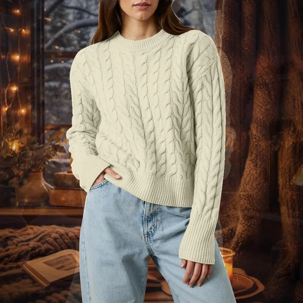Women's Cable Long-Sleeve Crewneck Sweater Cable Knit Sweater for Women Soft-Touch Modern Crewneck, Pull On Sweaters