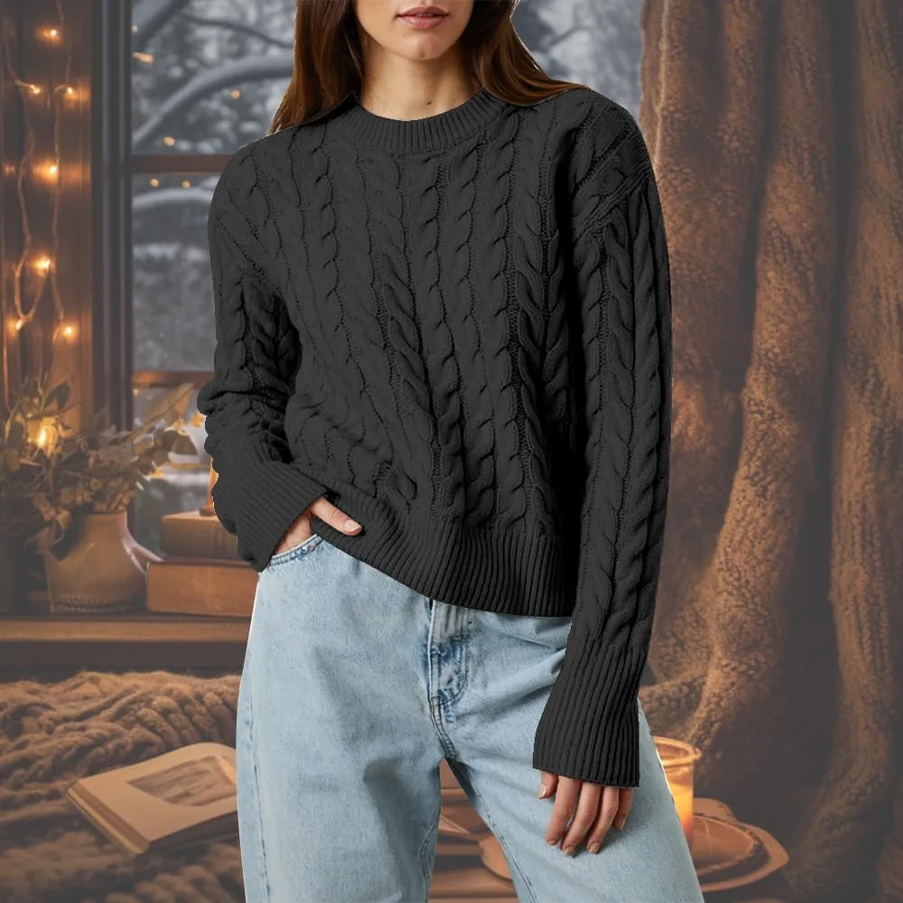 Women's Cable Long-Sleeve Crewneck Sweater Cable Knit Sweater for Women Soft-Touch Modern Crewneck, Pull On Sweaters