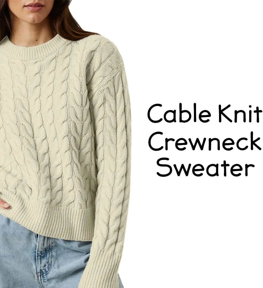 Women's Cable Long-Sleeve Crewneck Sweater Cable Knit Sweater for Women Soft-Touch Modern Crewneck, Pull On Sweaters