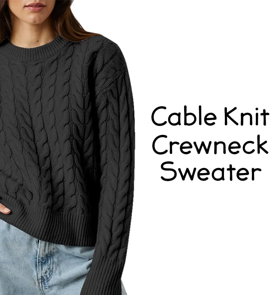 Women's Cable Long-Sleeve Crewneck Sweater Cable Knit Sweater for Women Soft-Touch Modern Crewneck, Pull On Sweaters