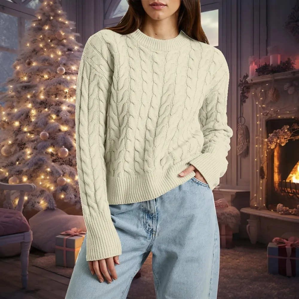 Women's Cable Long-Sleeve Crewneck Sweater Cable Knit Sweater for Women Soft-Touch Modern Crewneck, Pull On Sweaters