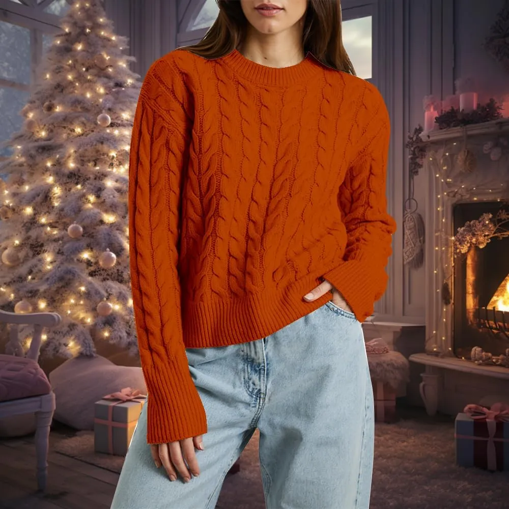 Women's Cable Long-Sleeve Crewneck Sweater Cable Knit Sweater for Women Soft-Touch Modern Crewneck, Pull On Sweaters