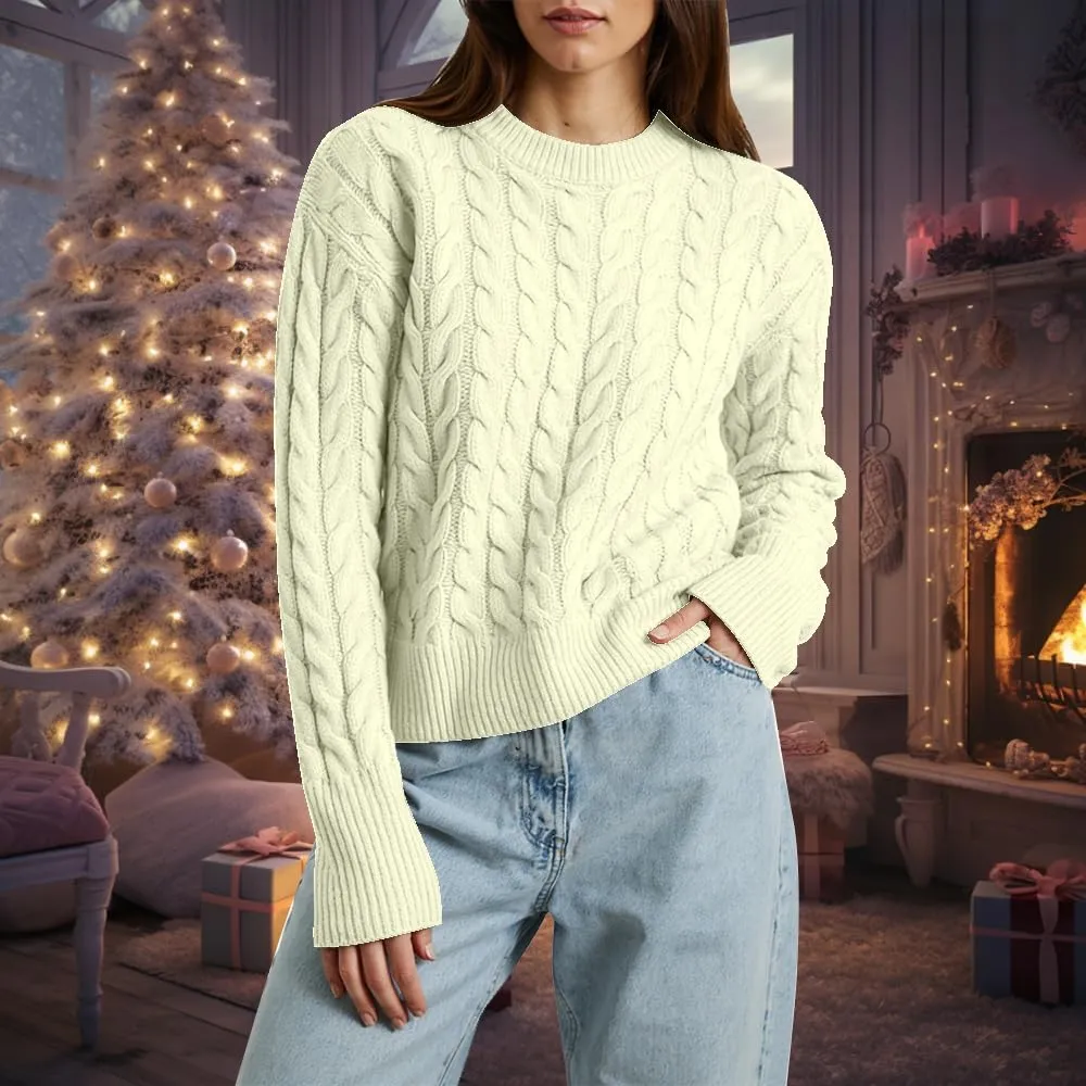 Women's Cable Long-Sleeve Crewneck Sweater Cable Knit Sweater for Women Soft-Touch Modern Crewneck, Pull On Sweaters