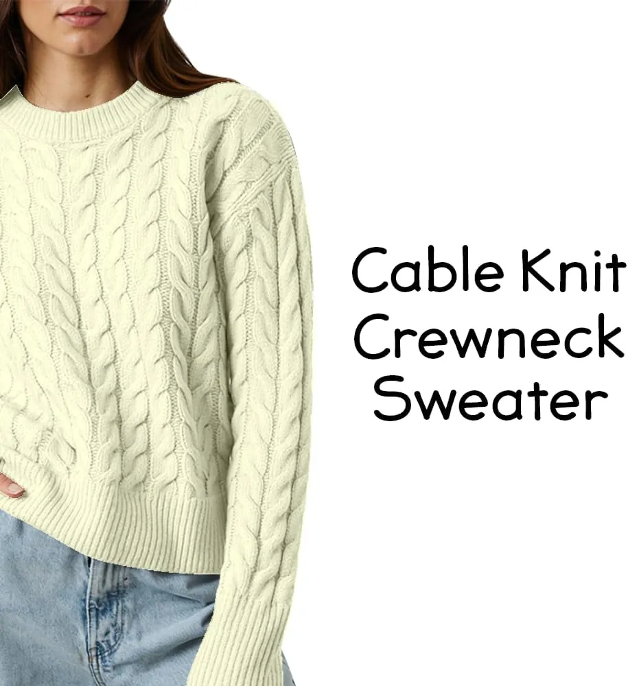 Women's Cable Long-Sleeve Crewneck Sweater Cable Knit Sweater for Women Soft-Touch Modern Crewneck, Pull On Sweaters