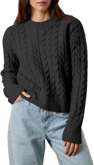 Women's Cable Long-Sleeve Crewneck Sweater Cable Knit Sweater for Women Soft-Touch Modern Crewneck, Pull On Sweaters