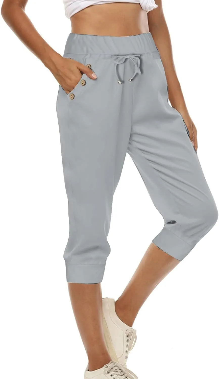 Womens Capri Pants Drawstring High Waisted Lightweight Workout Joggers Loose Stretch Yoga Hiking Pants with Pockets