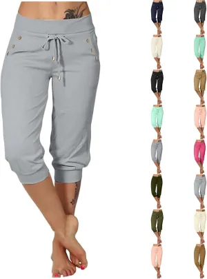 Womens Capri Pants Drawstring High Waisted Lightweight Workout Joggers Loose Stretch Yoga Hiking Pants with Pockets
