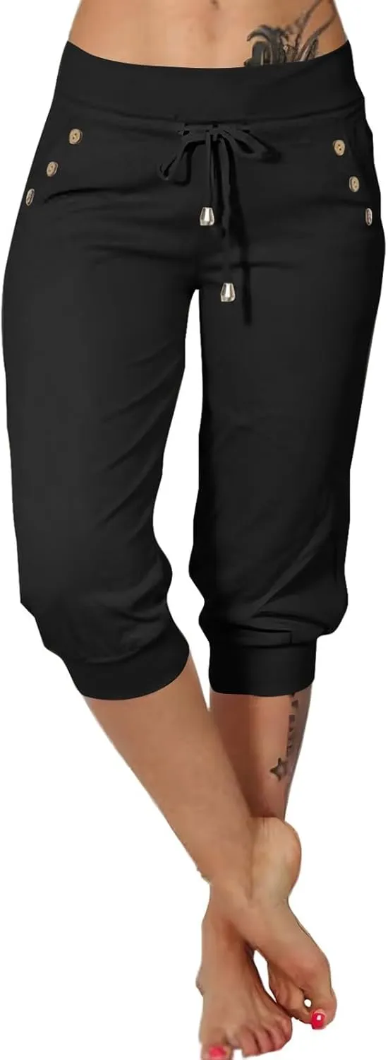 Womens Capri Pants Drawstring High Waisted Lightweight Workout Joggers Loose Stretch Yoga Hiking Pants with Pockets