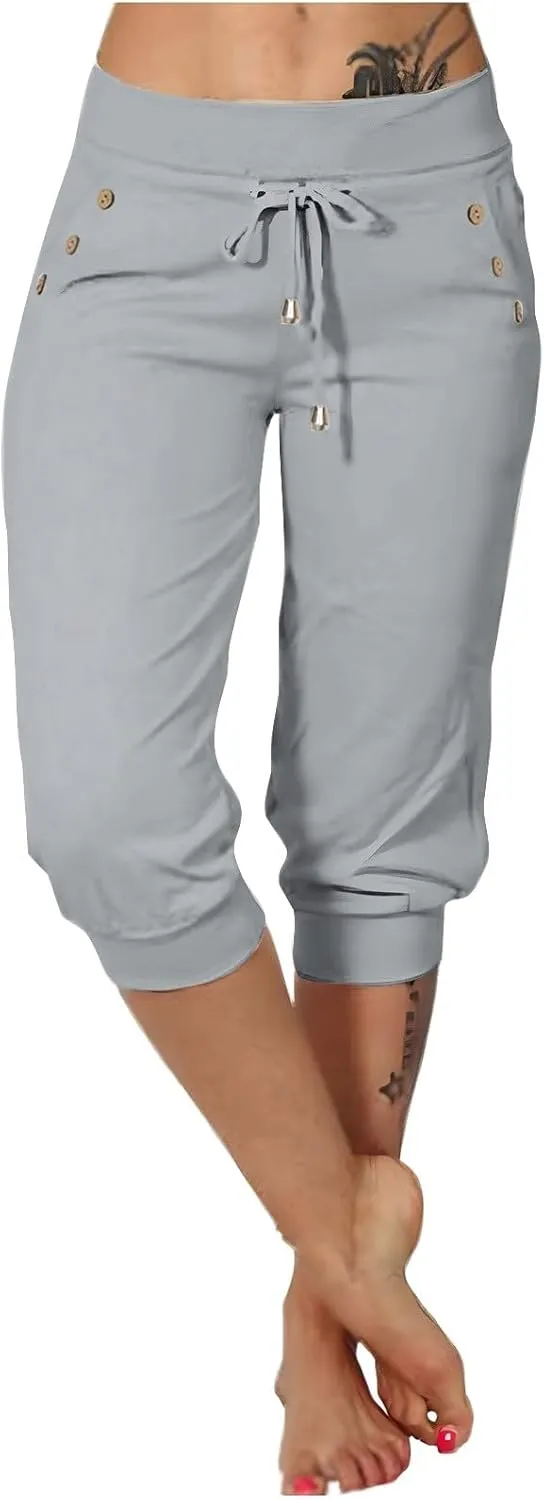 Womens Capri Pants Drawstring High Waisted Lightweight Workout Joggers Loose Stretch Yoga Hiking Pants with Pockets