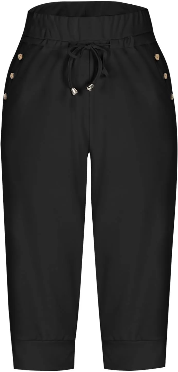 Womens Capri Pants Drawstring High Waisted Lightweight Workout Joggers Loose Stretch Yoga Hiking Pants with Pockets