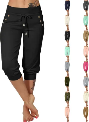 Womens Capri Pants Drawstring High Waisted Lightweight Workout Joggers Loose Stretch Yoga Hiking Pants with Pockets