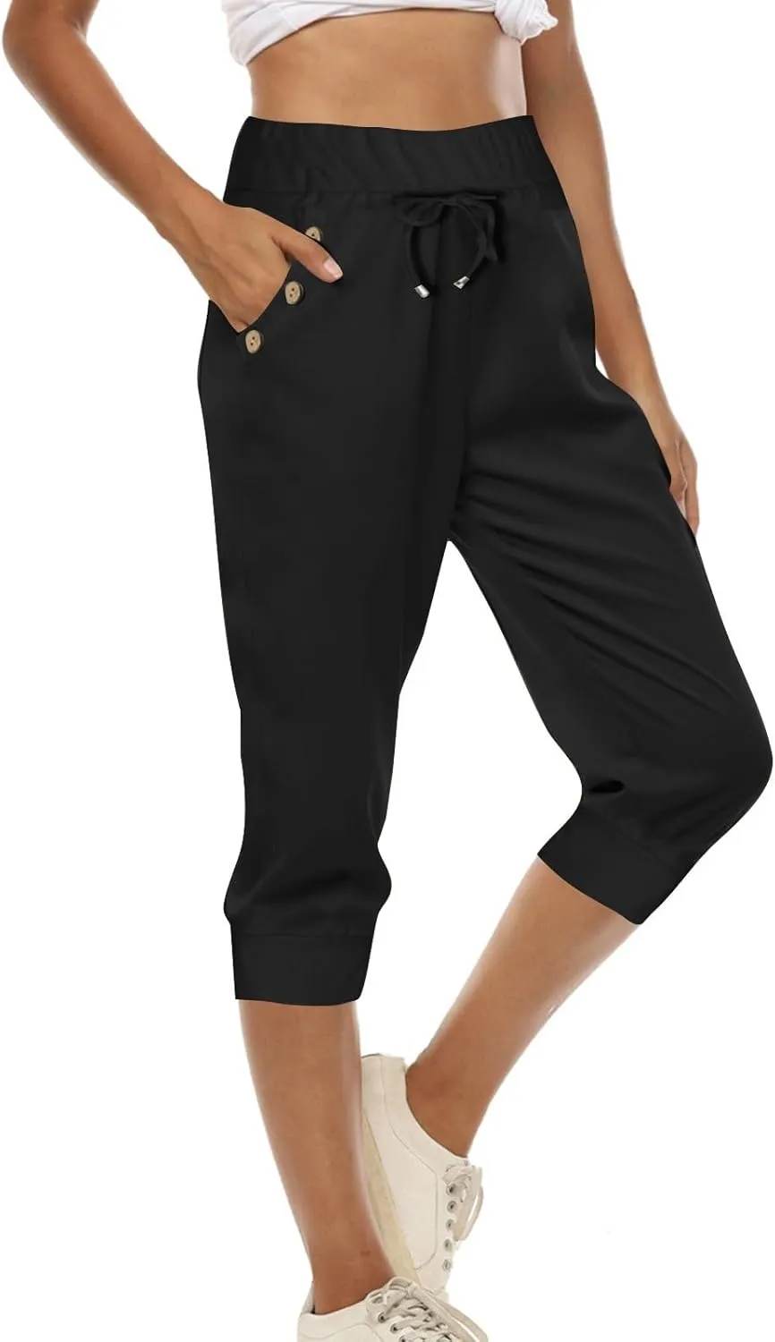 Womens Capri Pants Drawstring High Waisted Lightweight Workout Joggers Loose Stretch Yoga Hiking Pants with Pockets